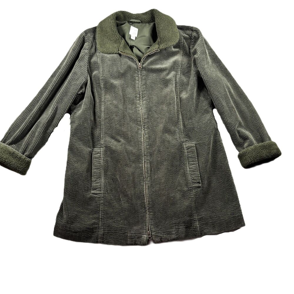 J Jill Heritage Tumbled Cord Coat Wide Wale Corduroy Sherpa Olive Green Large C9